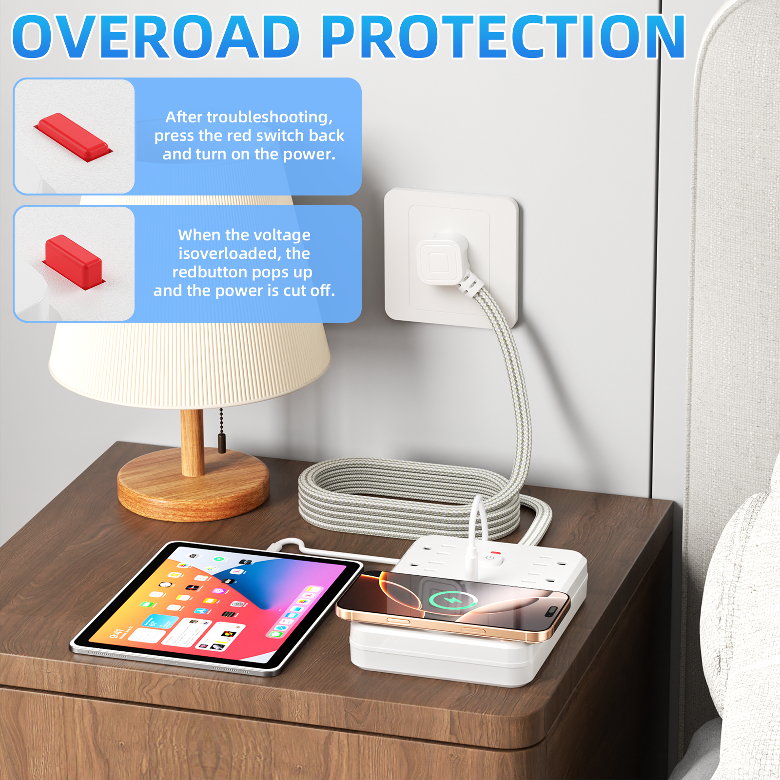 智能手机感应充电功能，美国标准电源插座，1.6米延长线，适用于家庭，办公，学校宿舍。