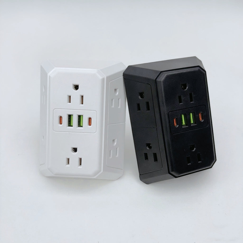 USB墙式充电器电源插排浪涌保护器，带4个USB端口（2个USB-C），多个插座，适用于家庭、办公室和旅行，白色