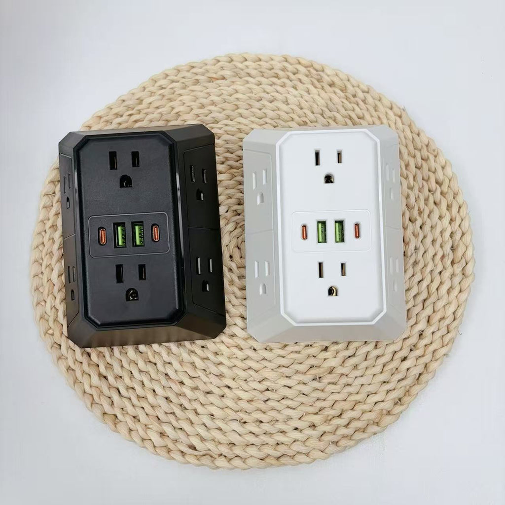 USB墙式充电器电源插排浪涌保护器，带4个USB端口（2个USB-C），多个插座，适用于家庭、办公室和旅行，白色