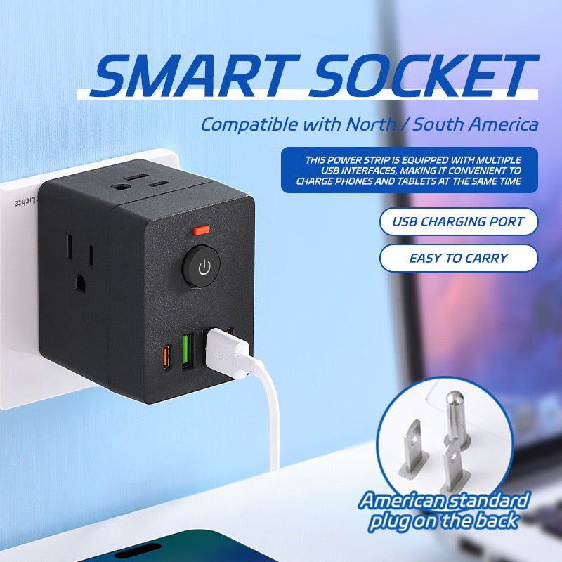 魔方转换插座，多功能插座扩展器，带浪涌保护，紧凑型四面七端口设计，支持USB充电，适用于 iPhone、iPad 系列，大学宿舍/办公室/家庭/旅行必备 2025