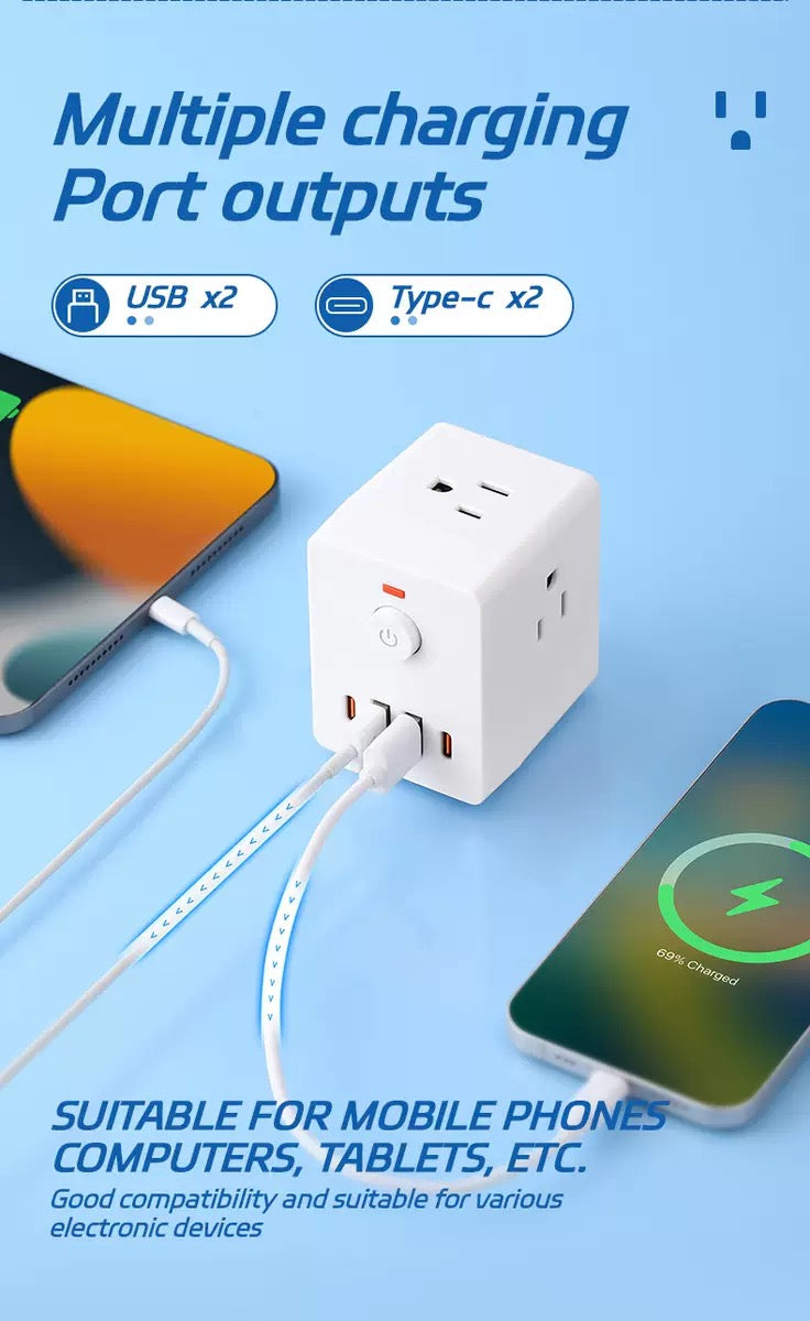 魔方转换插座，多功能插座扩展器，带浪涌保护，紧凑型四面七端口设计，支持USB充电，适用于 iPhone、iPad 系列，大学宿舍/办公室/家庭/旅行必备 2025