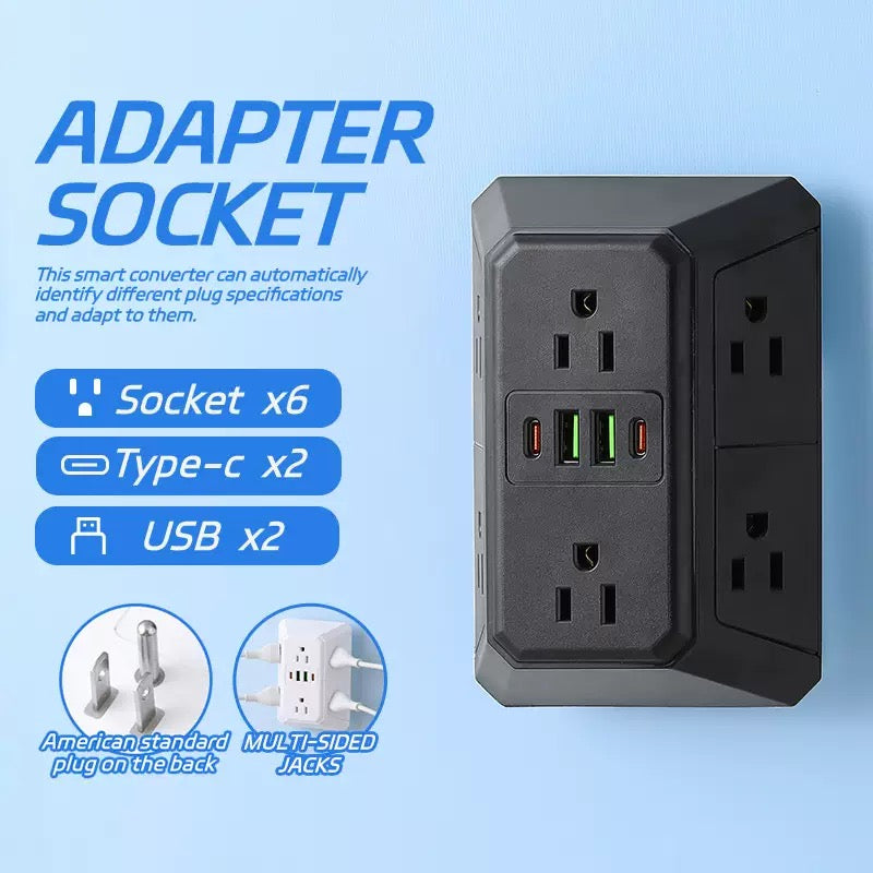 USB墙式充电器电源插排浪涌保护器，带4个USB端口（2个USB-C），多个插座，适用于家庭、办公室和旅行，白色