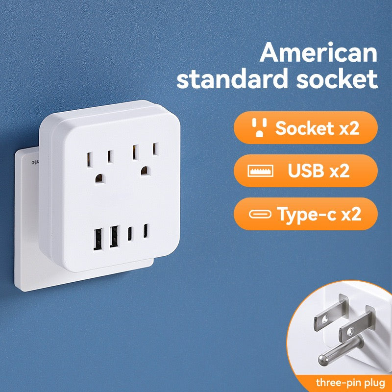 美国标准转换插座，多功能插座扩展器USB墙充 - 带2个插座和4个USB端口，浪涌保护，适用于邮轮旅行，酒店，大学宿舍，白色，