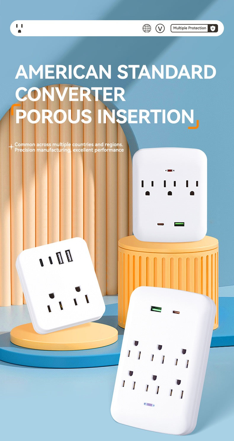美国标准转换插座，多功能插座扩展器USB墙充 - 带2个插座和4个USB端口，浪涌保护，适用于邮轮旅行，酒店，大学宿舍，白色，