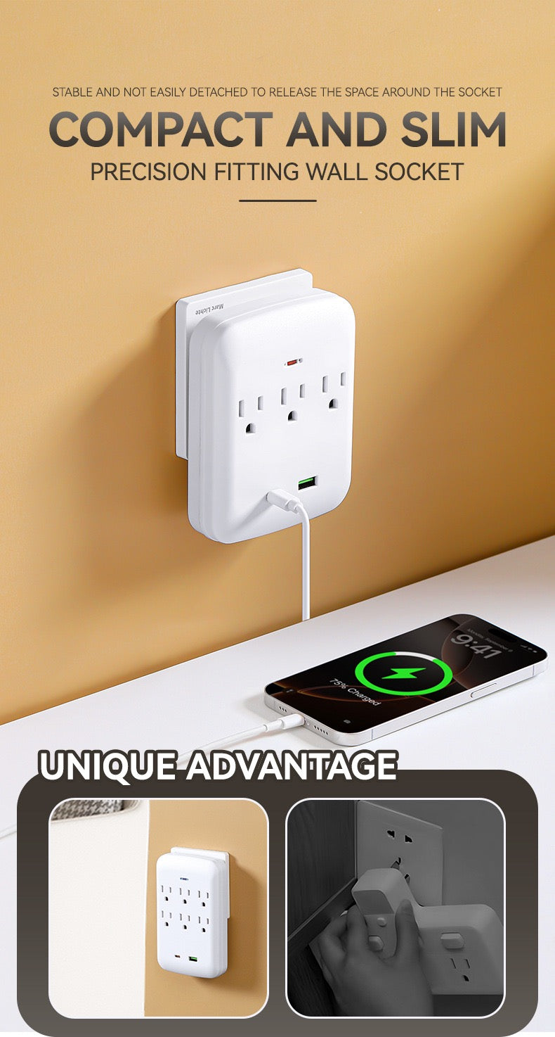 美国标准转换插座，多功能插座扩展器USB墙充 - 带2个插座和4个USB端口，浪涌保护，适用于邮轮旅行，酒店，大学宿舍，白色，