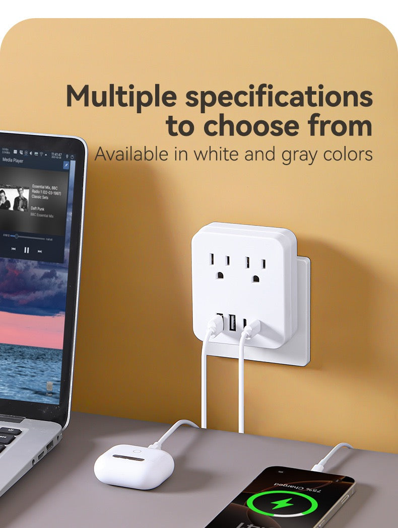 美国标准转换插座，多功能插座扩展器USB墙充 - 带2个插座和4个USB端口，浪涌保护，适用于邮轮旅行，酒店，大学宿舍，白色，
