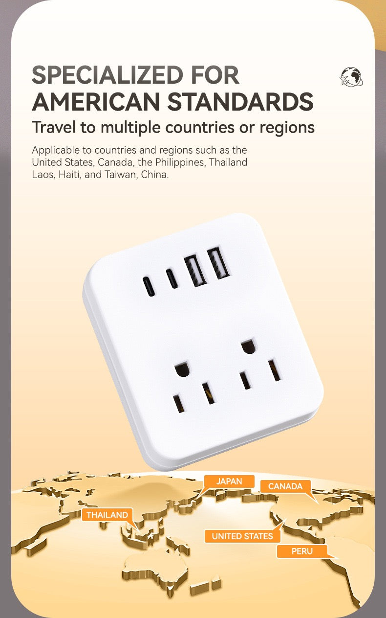 美国标准转换插座，多功能插座扩展器USB墙充 - 带2个插座和4个USB端口，浪涌保护，适用于邮轮旅行，酒店，大学宿舍，白色，