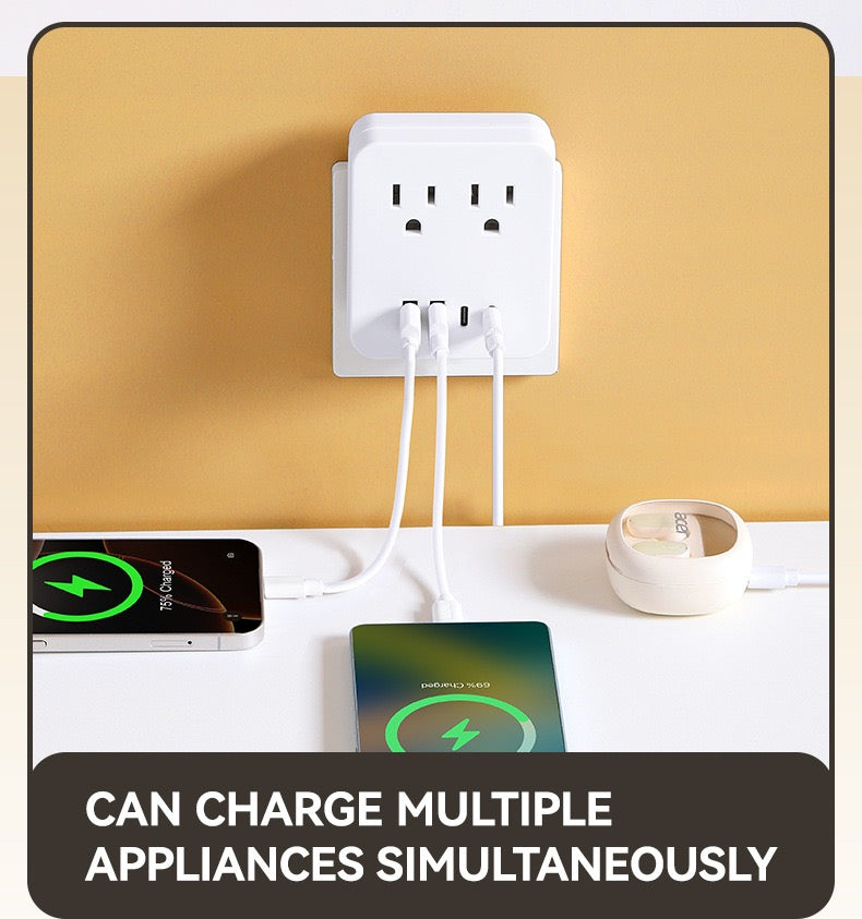 美国标准转换插座，多功能插座扩展器USB墙充 - 带2个插座和4个USB端口，浪涌保护，适用于邮轮旅行，酒店，大学宿舍，白色，