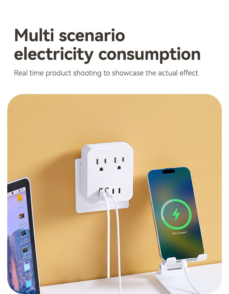 美国标准转换插座，多功能插座扩展器USB墙充 - 带2个插座和4个USB端口，浪涌保护，适用于邮轮旅行，酒店，大学宿舍，白色，
