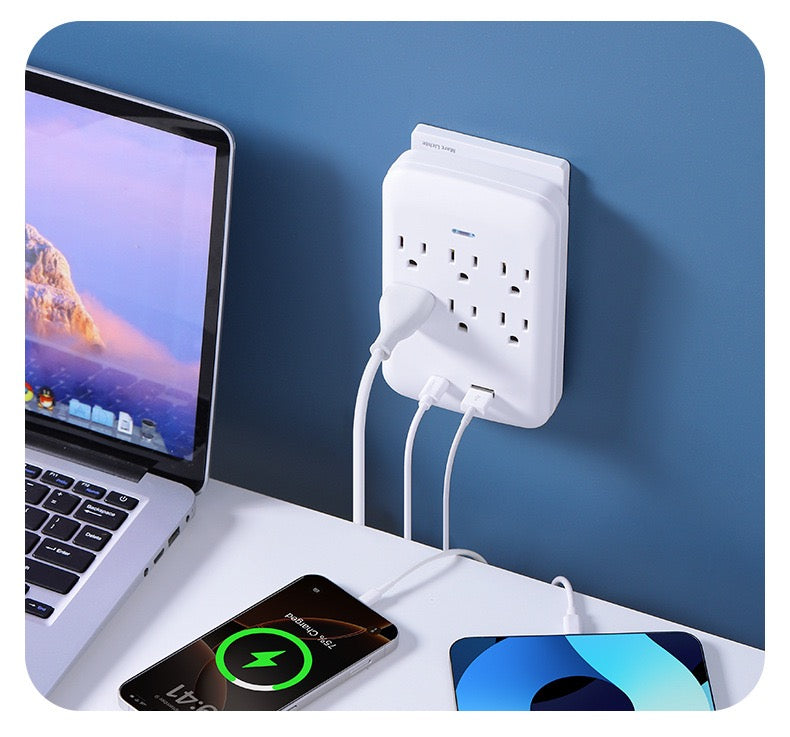 美国标准转换插座，多功能插座扩展器USB墙充 - 带2个插座和4个USB端口，浪涌保护，适用于邮轮旅行，酒店，大学宿舍，白色，