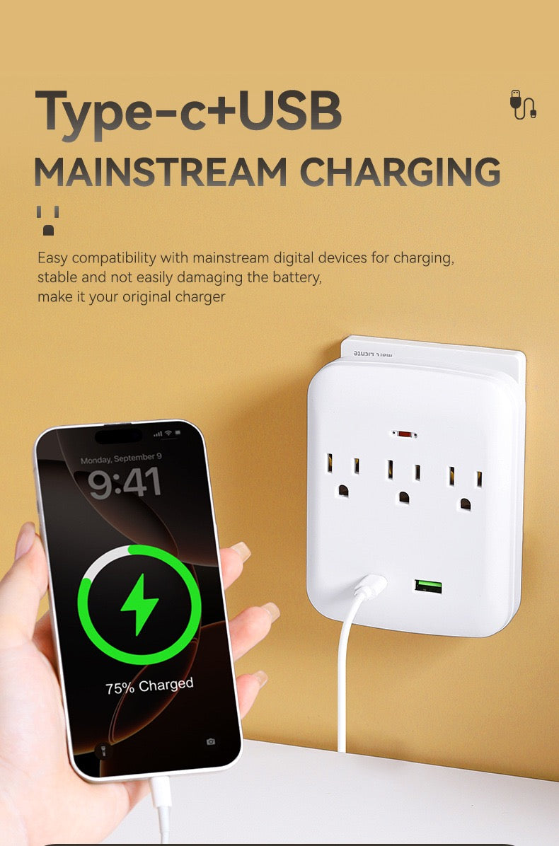 美国标准转换插座，多功能插座扩展器USB墙充 - 带2个插座和4个USB端口，浪涌保护，适用于邮轮旅行，酒店，大学宿舍，白色，