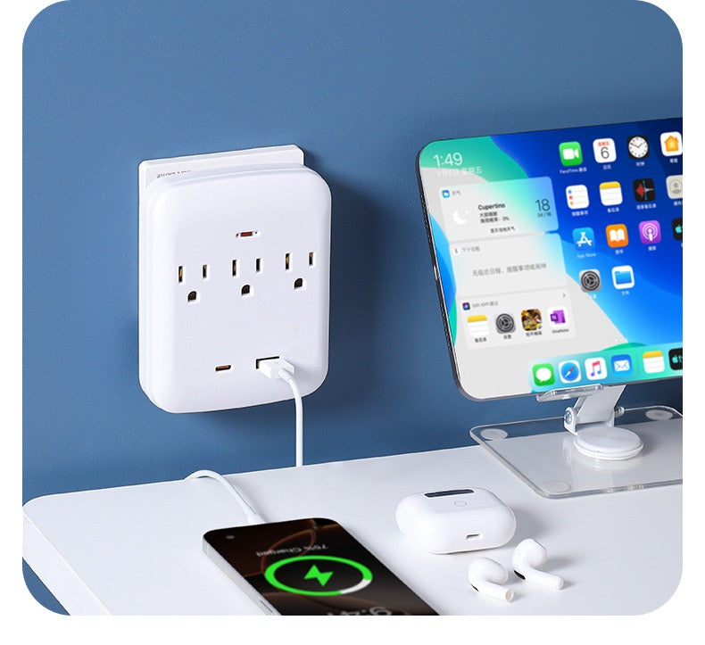 美国标准转换插座，多功能插座扩展器USB墙充 - 带2个插座和4个USB端口，浪涌保护，适用于邮轮旅行，酒店，大学宿舍，白色，