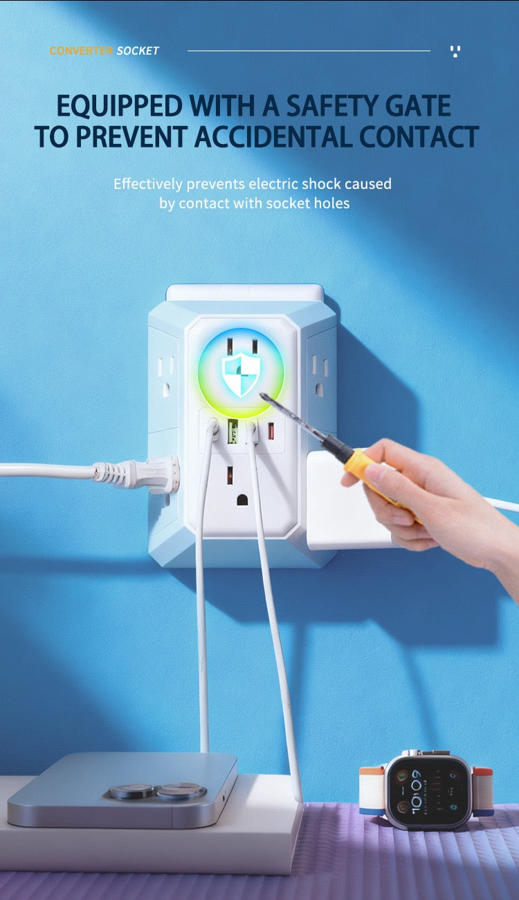 USB墙式充电器电源插排浪涌保护器，带4个USB端口（2个USB-C），多个插座，适用于家庭、办公室和旅行，白色