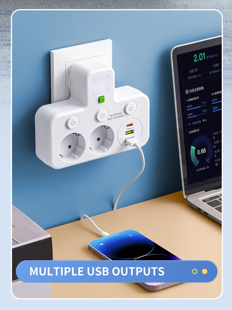 带触摸夜灯的插头适配器，带 1个 Type-C 接口和 2 个 USB 接口，欧标电源插座墙插，适用于旅行，家庭、办公室（白色）