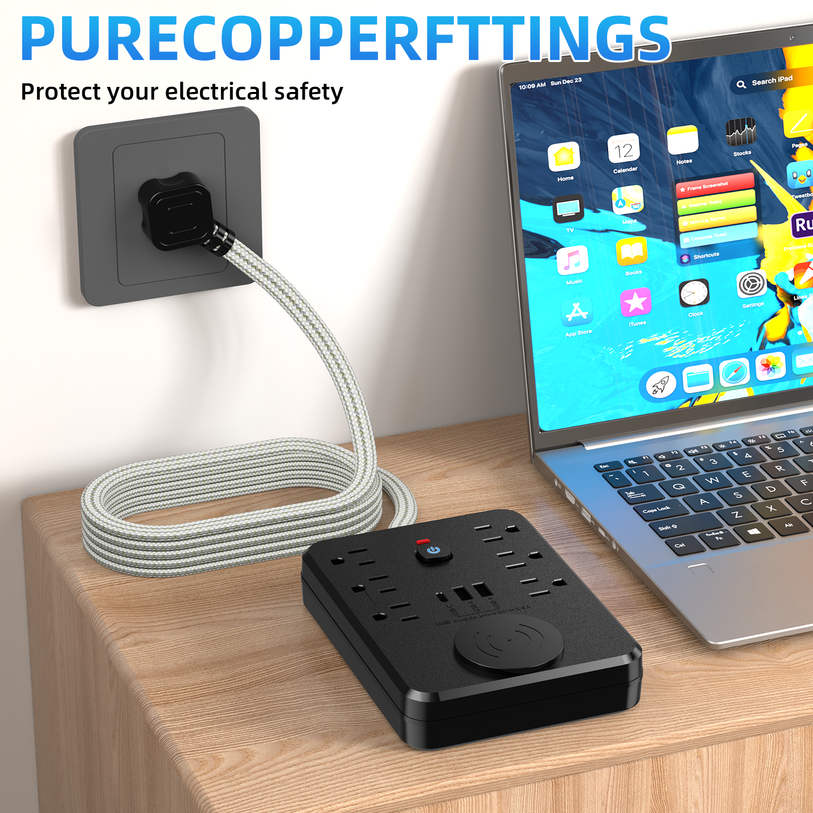 智能手机感应充电功能，美国标准电源插座，1.6米延长线，适用于家庭，办公，学校宿舍。