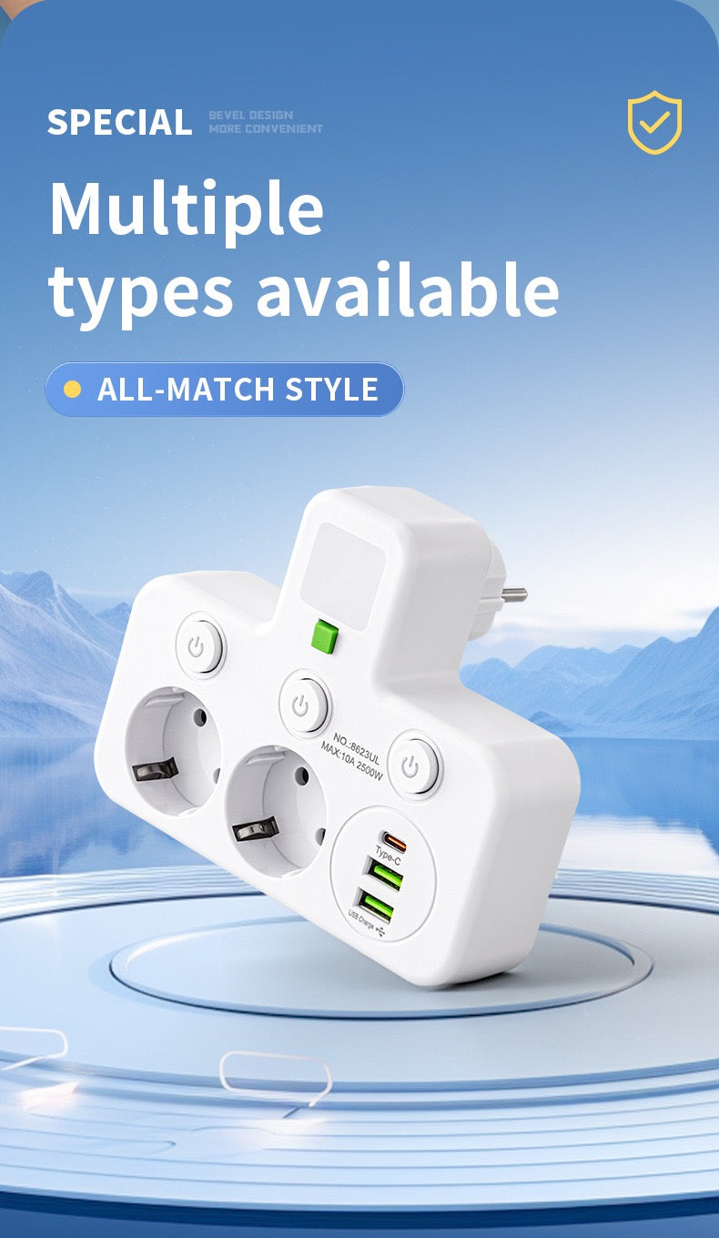 带触摸夜灯的插头适配器，带 1个 Type-C 接口和 2 个 USB 接口，欧标电源插座墙插，适用于旅行，家庭、办公室（白色）