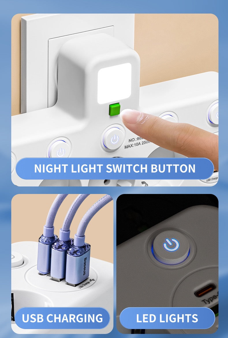 带触摸夜灯的插头适配器，带 1个 Type-C 接口和 2 个 USB 接口，欧标电源插座墙插，适用于旅行，家庭、办公室（白色）