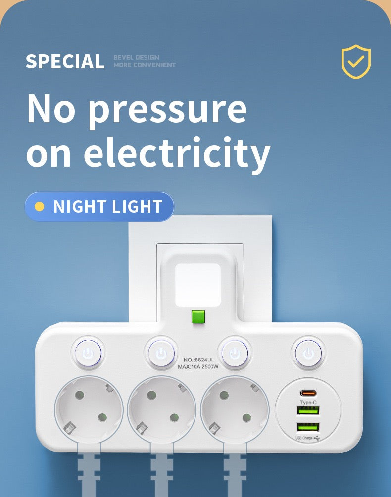 带触摸夜灯的插头适配器，带 1个 Type-C 接口和 2 个 USB 接口，欧标电源插座墙插，适用于旅行，家庭、办公室（白色）