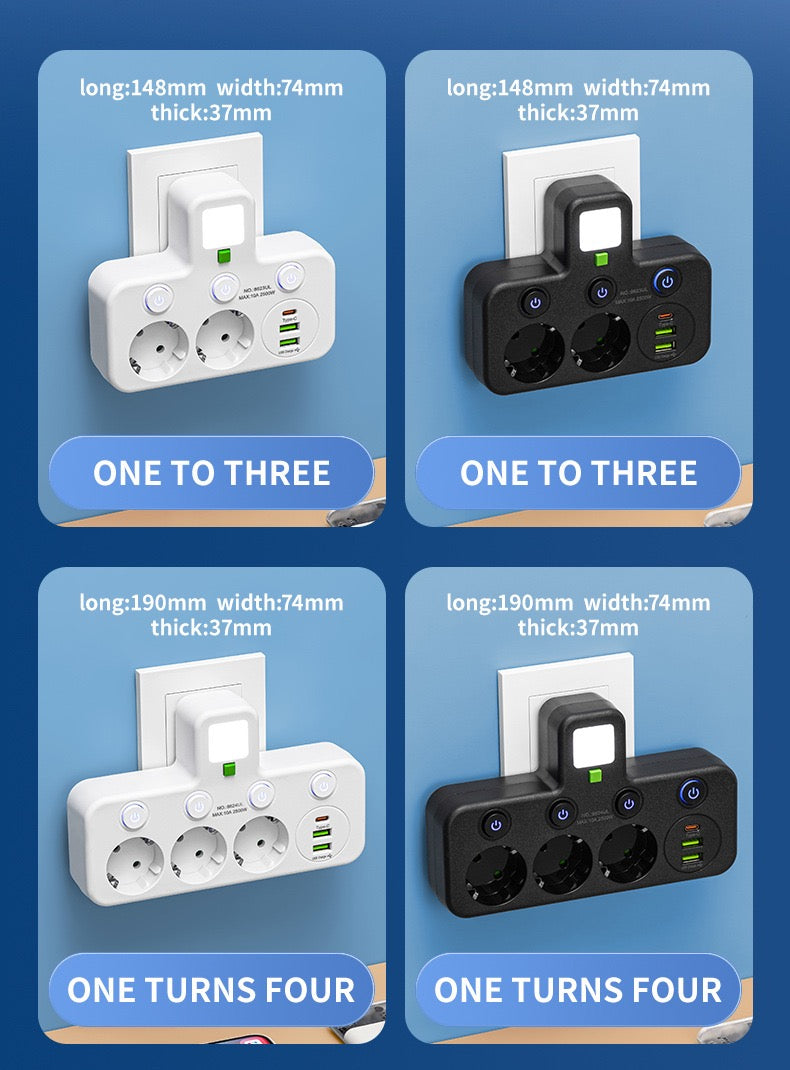 带触摸夜灯的插头适配器，带 1个 Type-C 接口和 2 个 USB 接口，欧标电源插座墙插，适用于旅行，家庭、办公室（白色）