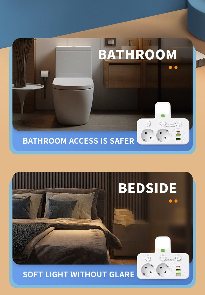 带触摸夜灯的插头适配器，带 1个 Type-C 接口和 2 个 USB 接口，欧标电源插座墙插，适用于旅行，家庭、办公室（白色）