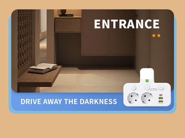 带触摸夜灯的插头适配器，带 1个 Type-C 接口和 2 个 USB 接口，欧标电源插座墙插，适用于旅行，家庭、办公室（白色）