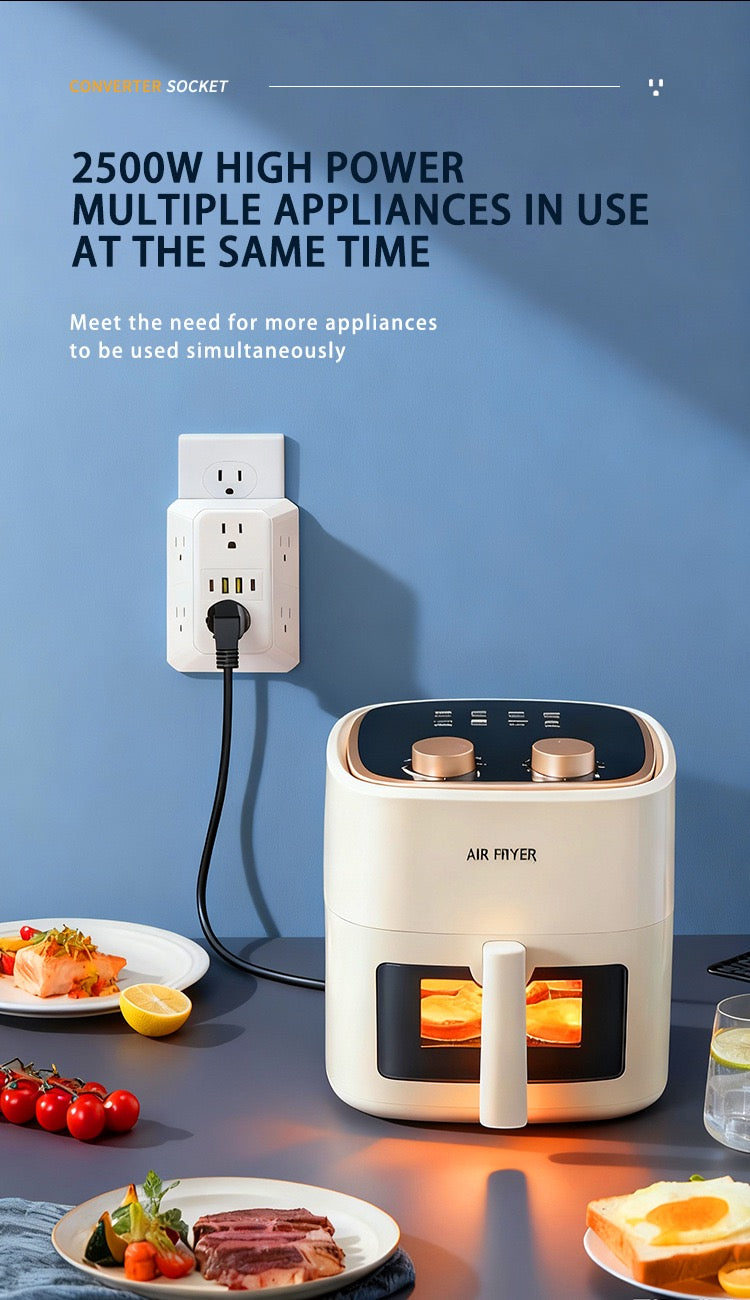 USB墙式充电器电源插排浪涌保护器，带4个USB端口（2个USB-C），多个插座，适用于家庭、办公室和旅行，白色