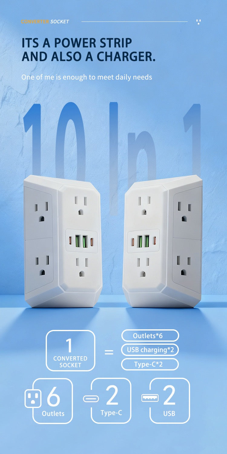 USB墙式充电器电源插排浪涌保护器，带4个USB端口（2个USB-C），多个插座，适用于家庭、办公室和旅行，白色